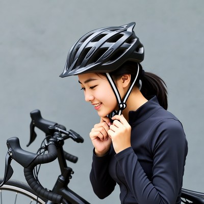 Asian woman adjusting bike helmet