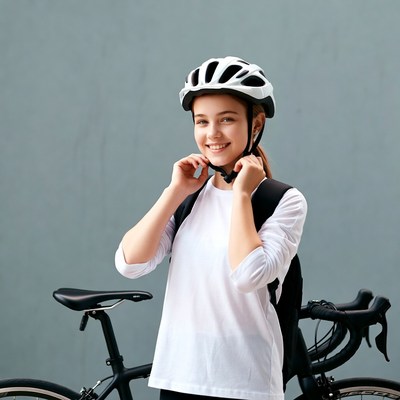 Girl wearing helmet with bicycle
