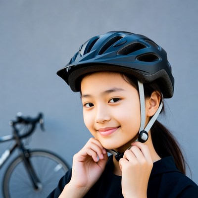 Asian girl adjusting bike helmet