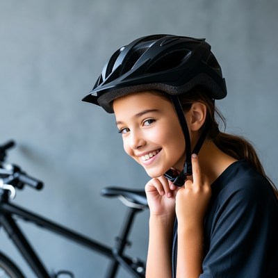 Girl smiling in black bike helmet