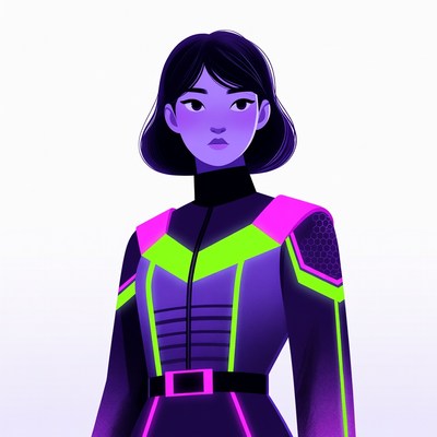 Asian woman in neon futuristic suit