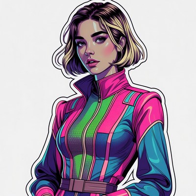 Blonde woman in colorful futuristic jacket