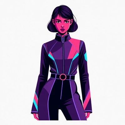 Asian woman in purple cyberpunk jumpsuit
