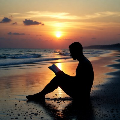 Silhouette man reading book at sunset beach