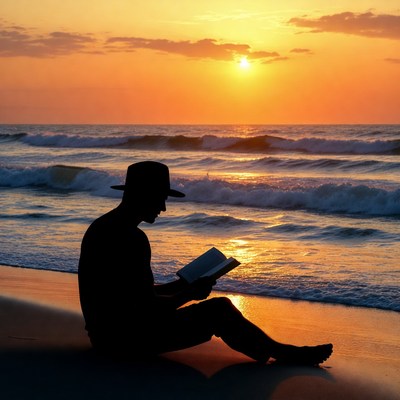 Silhouette man reading book on beach sunset