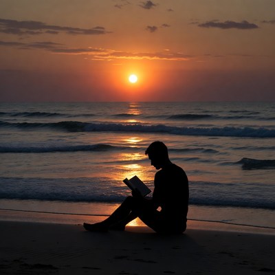 Silhouette man reading book at sunset beach
