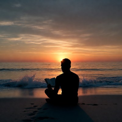 Silhouette man reading book at sunset beach