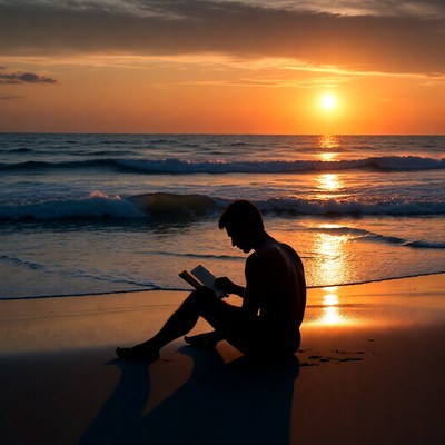 Silhouette man reading book at sunset beach