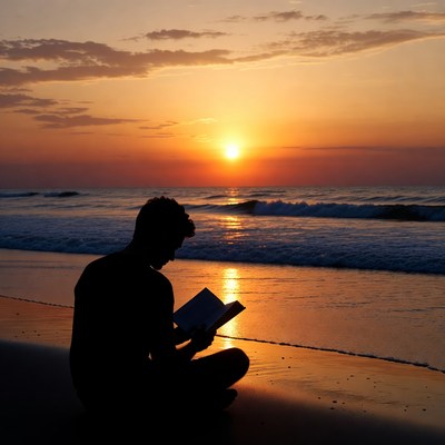 Silhouette man reading book at sunset beach