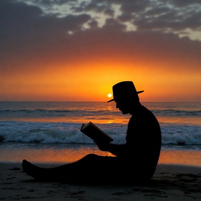 Silhouette man reading book at sunset beach