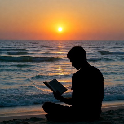 Silhouette man reading book at sunset beach