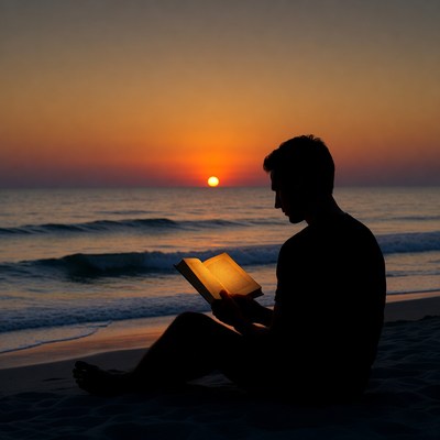 Silhouette man reading book at sunset beach