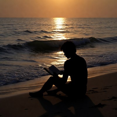 Silhouette man reading book on beach sunset