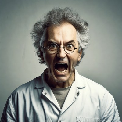 Elderly man screaming in lab coat