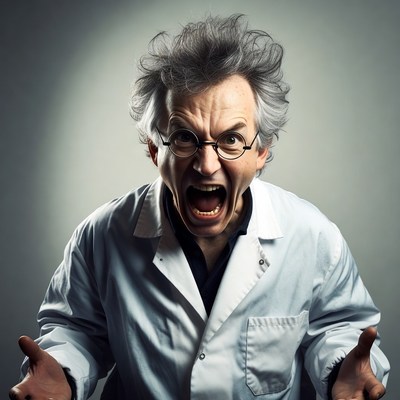 Mad scientist yelling in lab coat