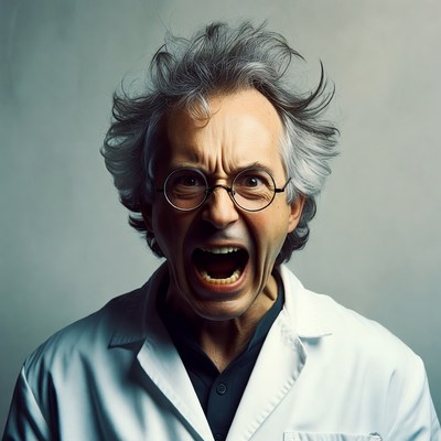 Mad scientist yelling in lab coat