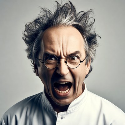 Man with wild hair screaming intensely