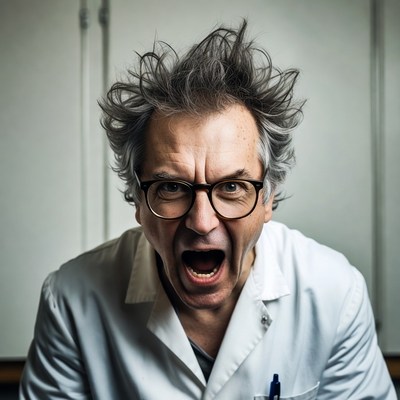 Mad scientist yelling in lab coat