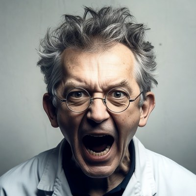 Elderly man yelling in lab coat