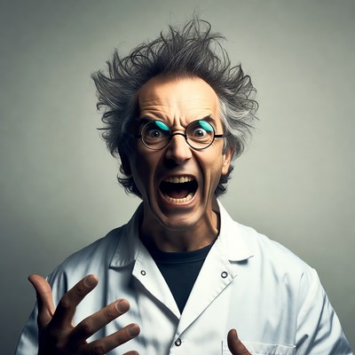 Crazy scientist screaming in lab coat