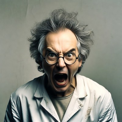 Mad scientist screaming intensely