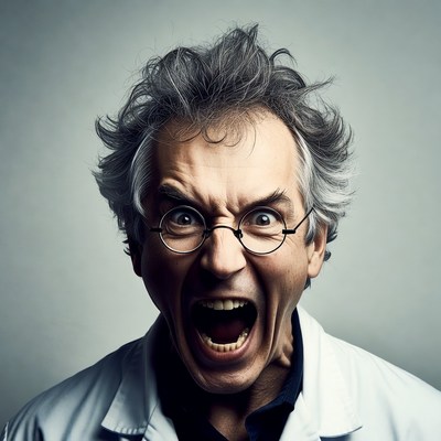 Mad scientist yelling in lab coat