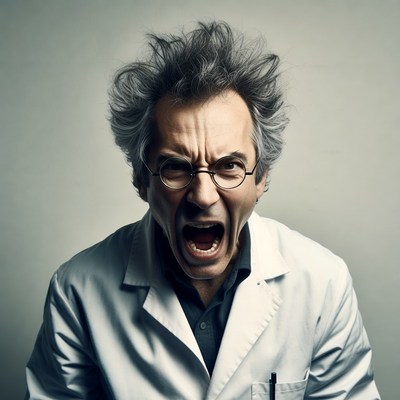 Mad scientist yelling in lab coat