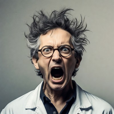 Mad scientist screaming in lab coat