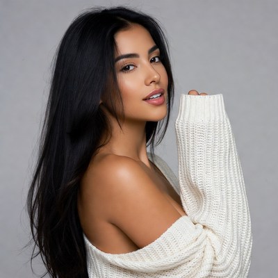 Beautiful woman in white off-shoulder sweater