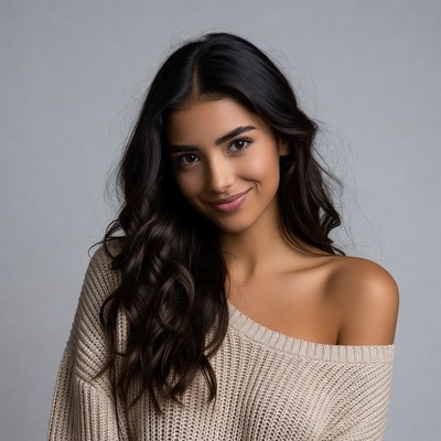 Smiling woman in off-shoulder sweater