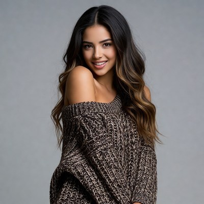 Smiling Latina woman in off-shoulder sweater