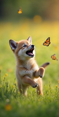 Shiba Inu puppy chasing butterflies