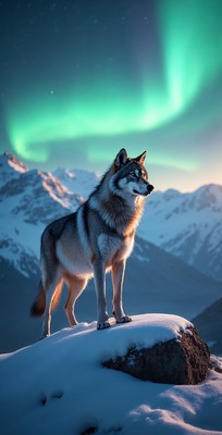 Wolf standing on snowy mountain under aurora