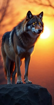 Wolf standing on rock at sunset