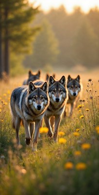 Gray wolves walking in golden field