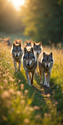 Pack of Wolves Walking in Meadow