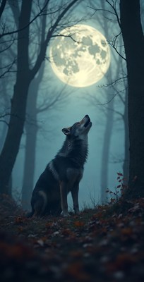 Wolf howling at full moon in misty forest