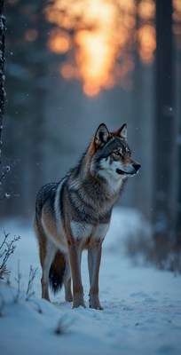 Gray Wolf Standing in Snowy Forest Sunset