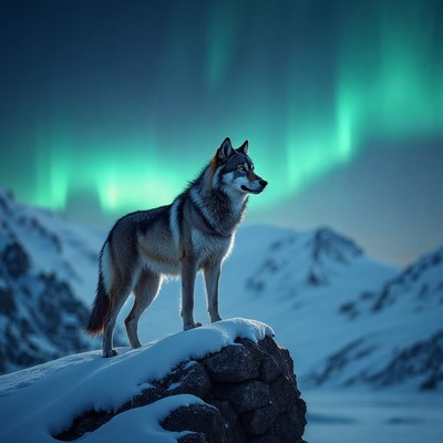 Wolf standing on snowy rock under aurora