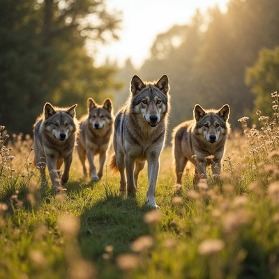 Pack of Wolves Running in Golden Meadow