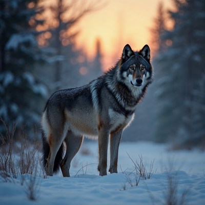 Gray wolf standing in snowy forest sunset