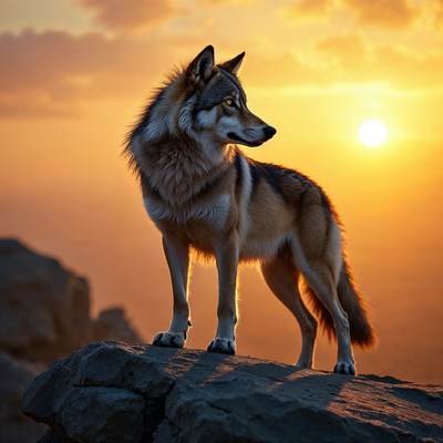 Wolf standing on rock at sunset