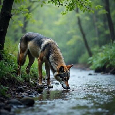 Wolf drinking from forest stream