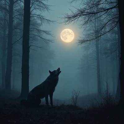 Wolf howling at moon in foggy forest