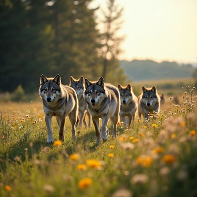 Pack of Wolves Walking in Yellow Flower Field