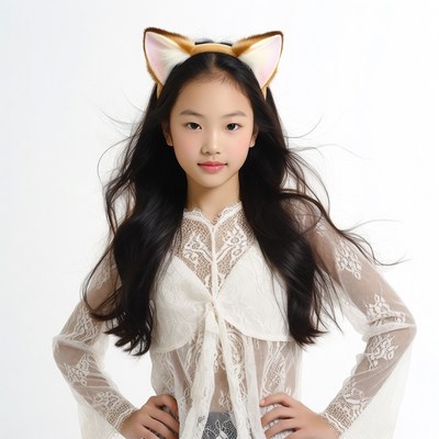 Asian girl wearing fox ears headband