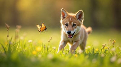 Shiba Inu puppy chasing butterfly