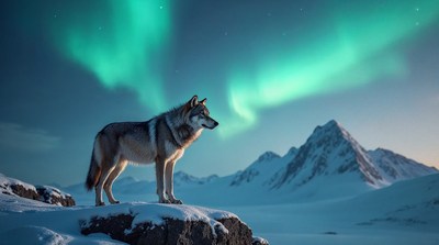 Wolf standing on snowy mountain under aurora