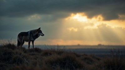 Gray wolf standing on grassy hill