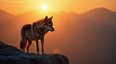 Wolf standing on cliff at sunset